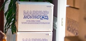 A stack of Marrin's Moving boxes